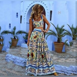 2 Piece Sets for Women Animal Printed Halter Top High Waist Maxi Skirt
